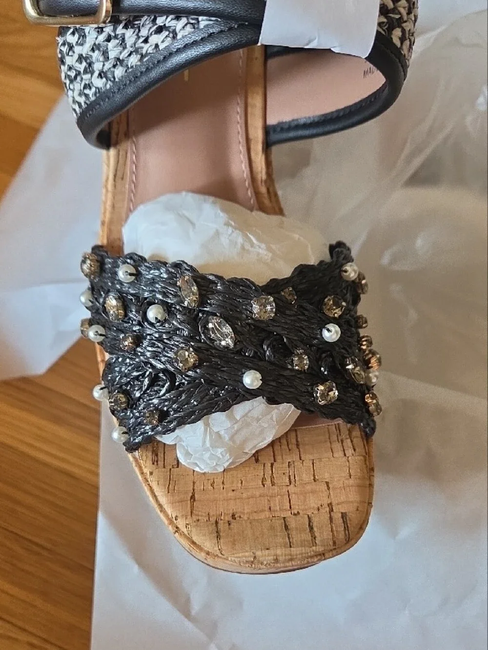 Paolo Black Woven and Embellished Cork Wedge Sandal